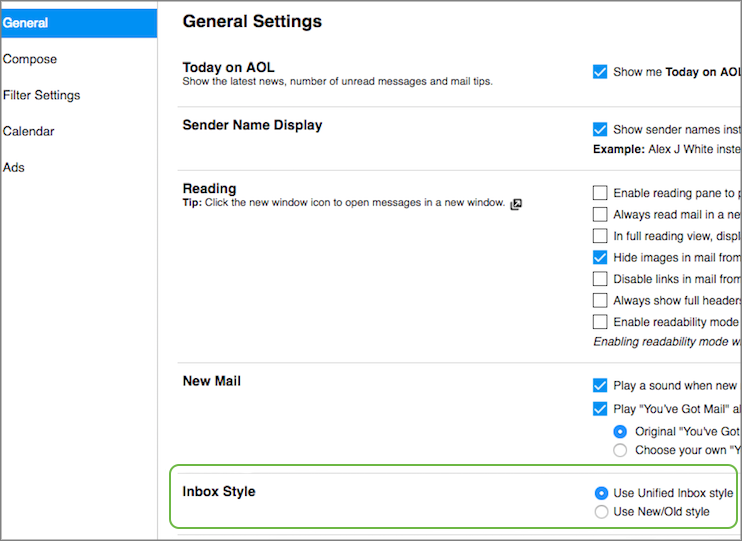 Image of the Inbox Style setting.